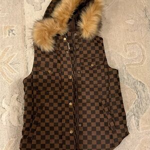 Judith March Brown Checkered Vest with Removable Faux Fur Hood